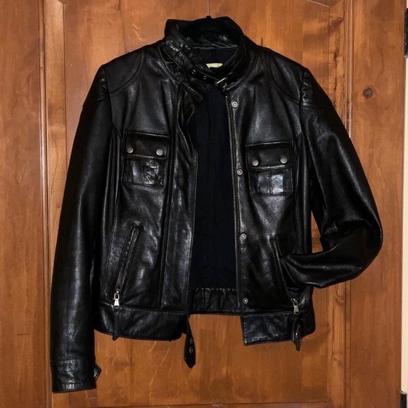 Gianni Bini Jackets & Blazers - Womens Black Lamb Skin Fitted Moto Leather Zip-Front Jacket size XS